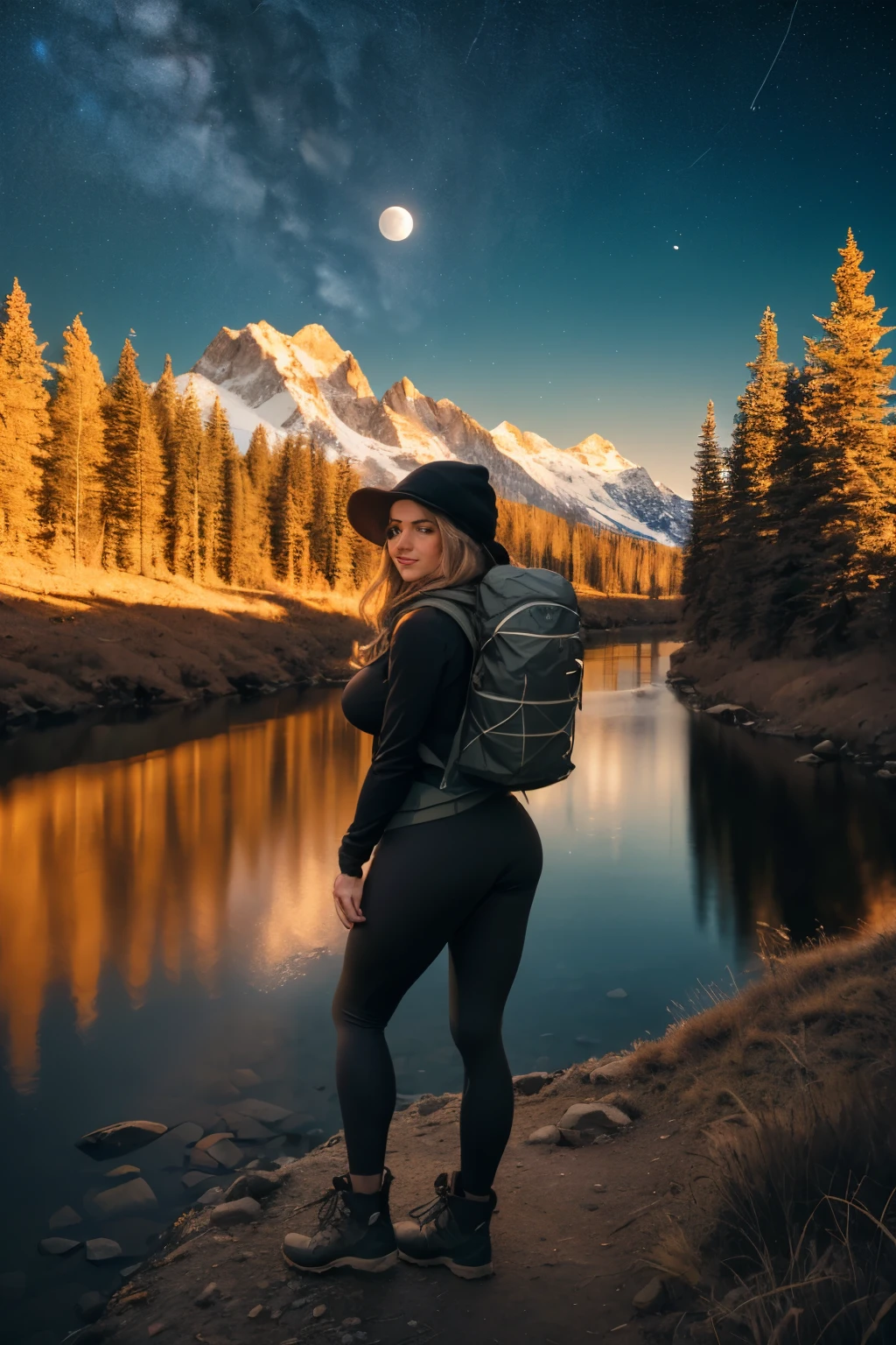1 woman((full body shot, happy)), masterpiece, best quality, ultra-detailed, solo, outdoors, (night), mountains, nature, (stars, moon) cheerful, happy, backpack, sleeping bag, camping stove, water bottle, large ass, wide hips, tight black yoga pants, mountain boots, gloves, large breasts, huge tits visible through sweater, hat, flashlight, forest, rocks, river, wood, smoke, shadows, contrast, clear sky,
analog style (look at viewer:1.2) (skin texture)
(film grain:1.3), (warm hue, warm tone)