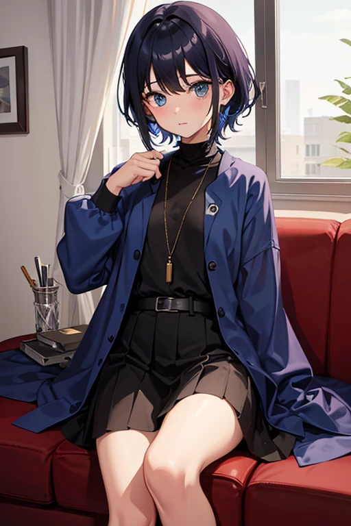 1boy, ager, indigo hair at two heights, indigo eyes, black clothes