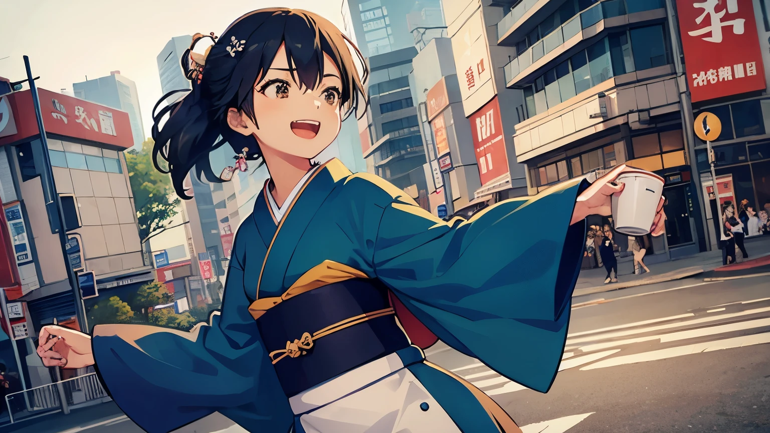 Japanese on top of a bus, holding a cup of coffee, while dancing excitedly.