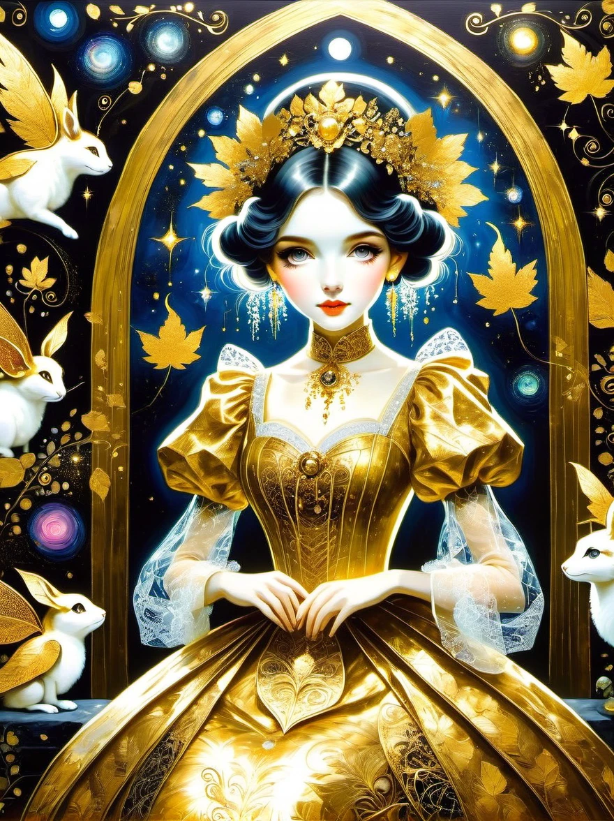 (Gold Leaf Art Style:1.6), gothic lolita, cute, 1girl, solo, full body, black sofa, black dress, absurdres, white lace, ((Marc Chagall style)), magical naive art, primitivism, protogenes, (Higher detail), (gold leaf art:1.5), Best quality, masterpiece, 8k