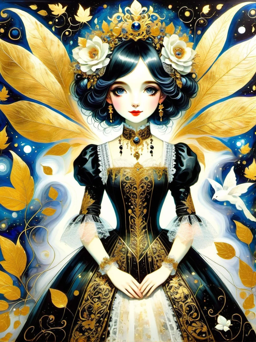 (Gold Leaf Art Style:1.6), gothic lolita, cute, 1girl, solo, full body, black sofa, black dress, absurdres, white lace, ((Marc Chagall style)), magical naive art, primitivism, protogenes, (Higher detail), (gold leaf art:1.5), Best quality, masterpiece, 8k