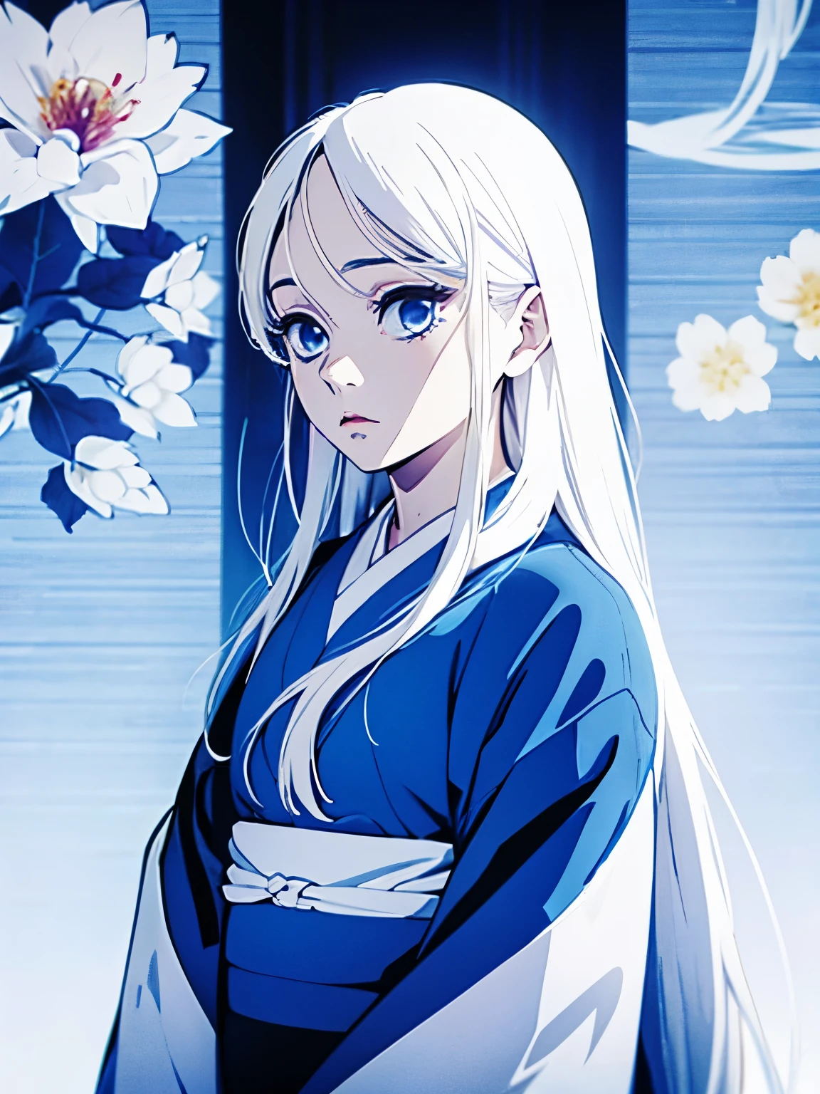 (1 girl), White hair, (long straight hair), beautiful girl, blue beautiful kimono, face focus,  a little bit surprised face, 