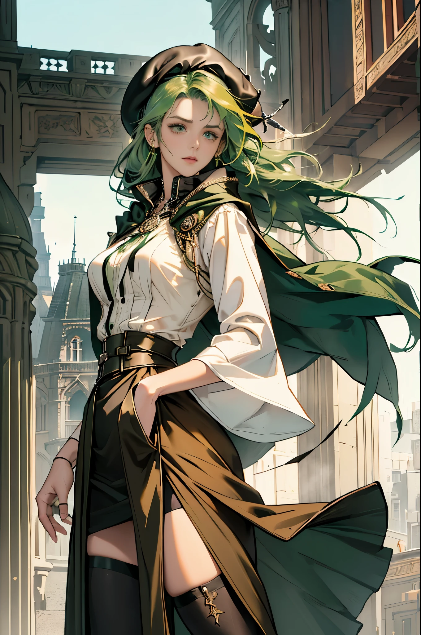 masterpiece, Super detailed, 8K portrait, RAW photo, portrait photography, highly detailed face, beautiful and detailed eyes, ((fantasy)), young and beautiful, 22 years ago, dynamic pose, (((long straight deep green hair))), ((One side is woven with orange ribbon)), dull bangs, beret, white skin color, luxury, hooded (((Dark brown))) (((Silk Long Cloak))) fluttering in the wind, (((dress shirt))), (((silk maxi skirt))), leather corset, (((dark thigh high tights))), High Cut Leather Boots, (((Lift a long magic wand))), ((wear a pocket watch)), midday sun, surreal, body model, small breasts, beautiful breasts, long legs, city, environmental lighting, shadow details , focus the camera on the face, strong wind, light fog