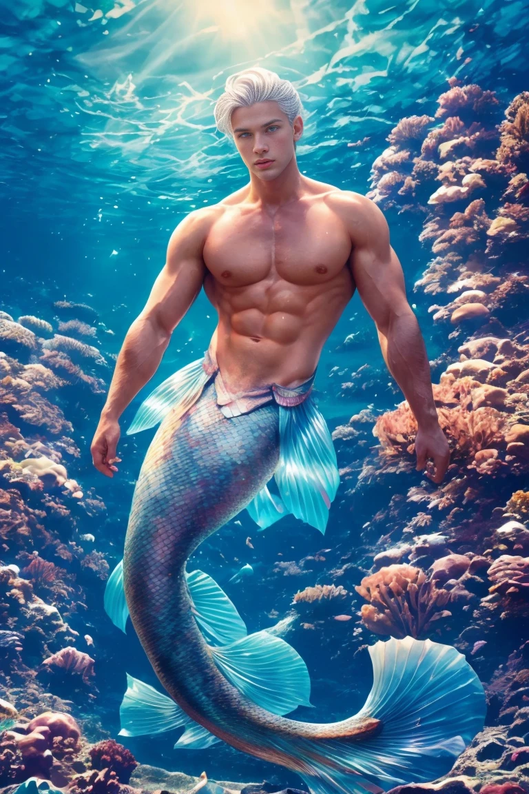 1 Male Mermaid, (Male Mermaid Model) Hot skin, masterpiece, top quality, The most handsome mermaid in the world, Tan Quan, Perfect body, chest muscles，abdominal muscles，Beautiful male model, blue eyes，Attractive male lead 20-25 perfect age, white hair, summer, seawater, blue sky, Baiyun, Underwater fantasy world，Colorful coral，Solid handsome young mermaid, ultra high definition, 8K, male only .8K Ultra HD, DSLR camera, low light, high quality, film grain, Fuji XT3, Men&#39;s Breaststroke