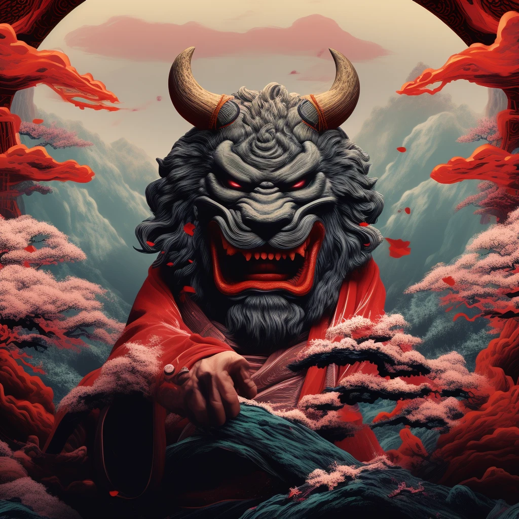 un primer plano de un demtheyo con cuernos y flores en el fondo, cuernos they, asura of chinese myth, they mask, they, Demtheyo Samurái, full art, trading card art, samurai toro lunar, detailed art of onmyoji, villain wearing a red they mask, Inspired by Tsukioka Yoshitoshi, Demtheyo Samurái warrior, Demtheyo Samurái mask