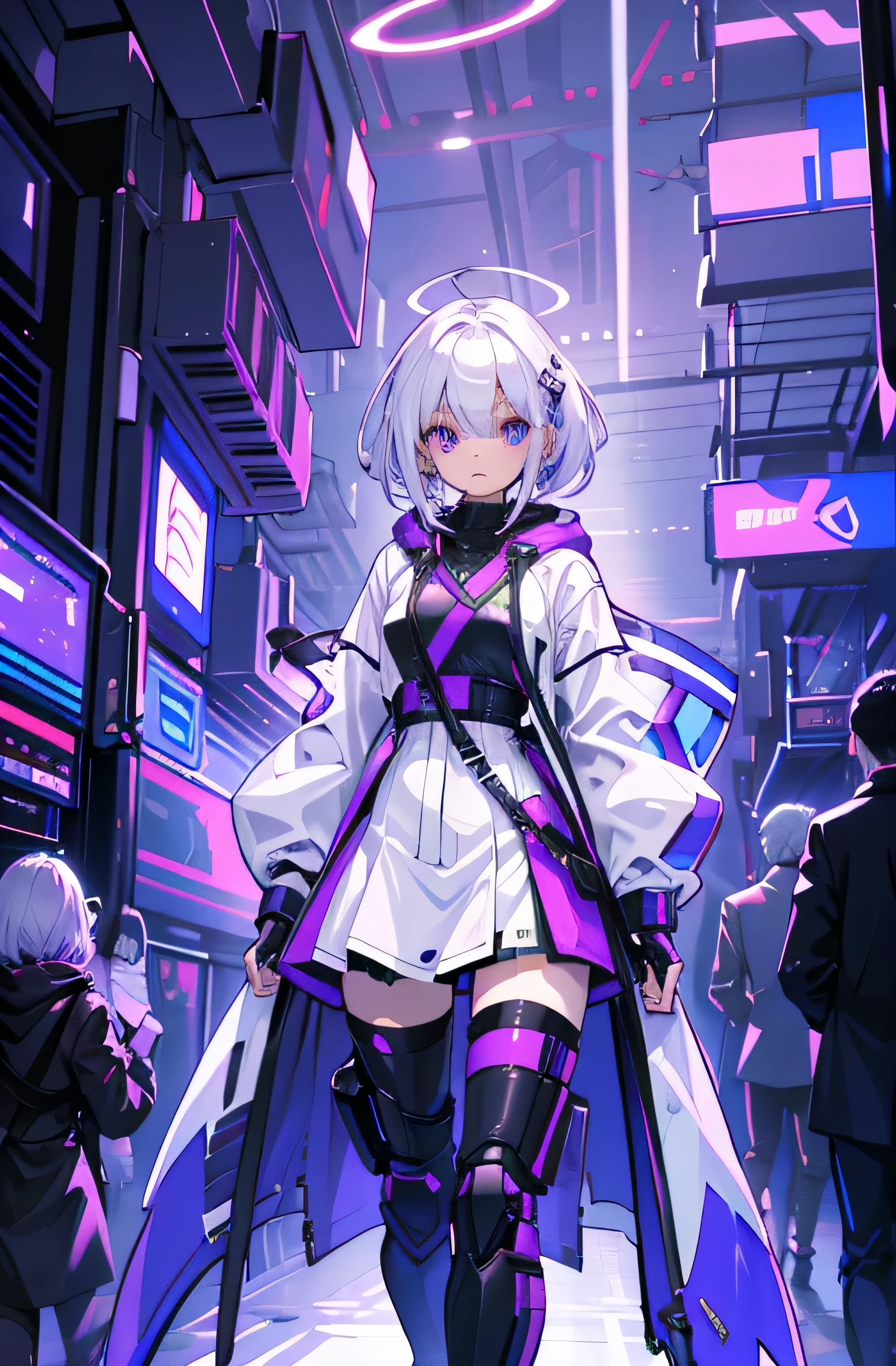 A man, wearing a cyberpunk hoodie and pants, white hair, purple glowing radiant eyes, detailed, hansome cute