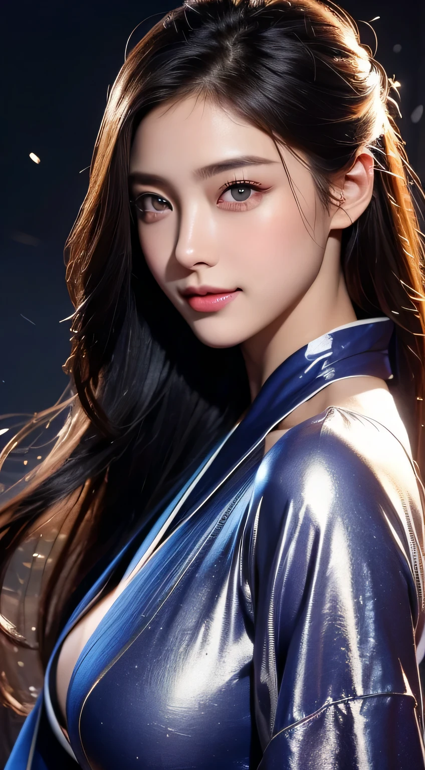 Beautiful woman in kimono，body portrait、8k，fine and beautiful eyes，Dindal effect、masterpiece, 最high quality, high quality, High resolution、very detailed photos、(natural skin texture、fine skin、hyper realism、Super sharpness)、high detail skin、(very detailed、fine skin texture、intricate details、beautiful face、(lifelike face)、realistic eyes、beautiful and detailed eyes、real looking skin、beautiful skin、surreal、very detailed、golden ratio、with smiling eyes、((night moonlight background))、body portrait、shiny bodysuit