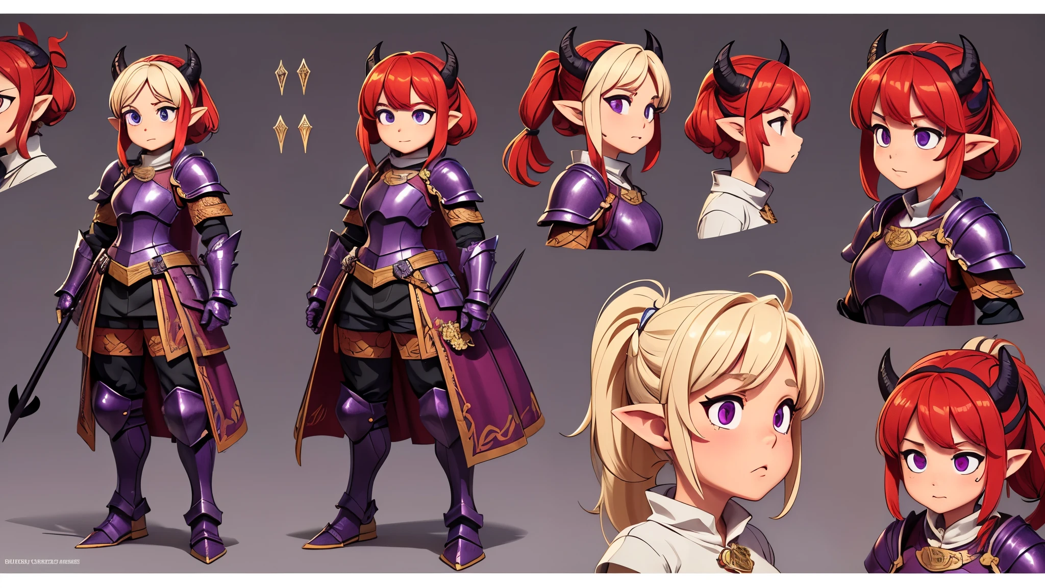 (Masterpiece, best quality), detailed, character sheet, many items (the same person, medieval royal armor, demonic heavy armor, fullplate armor, many parts), athletic, busty, demon, demon girl, detailed beautiful purple eyes, detailed face, pointy ears, red hair and white skin, braided ponytail, demon horns, full of details.