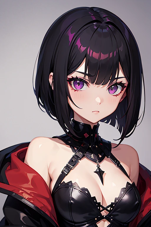 1girl, black and red color hair, bob cut hairstyle, purple eyes, gothic punk clothes