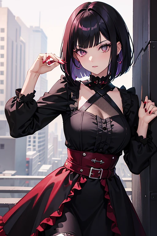 1girl, black and red color hair, bob cut hairstyle, purple eyes, gothic punk clothes