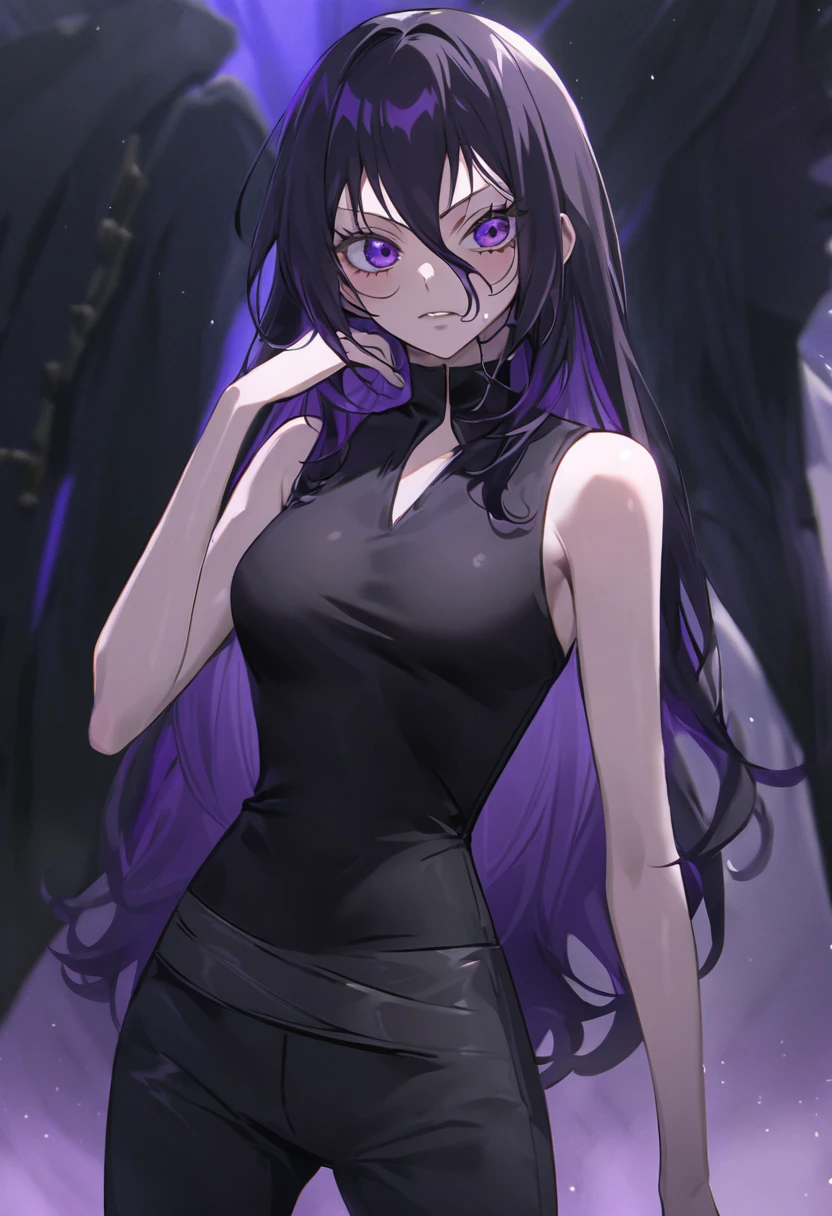 Reze tiene una figura bien proporcionada con un cuerpo voluptuoso, su piel es de tez clara. Ella es muy alta y esbelta, She has long black hair with purple tones that reaches above her waist with a few strands of hair that frame her face up to her chin., light, shiny purple eyes and voluminous eyelashes. 
En su cuello lleva una gargantilla con un alfiler de bomba que sobresale de un lado de su cuello. His clothing is a short sleeveless black shirt and he is wearing black pants..
Al estilo del anime One Piece.                                 ES MUJER.