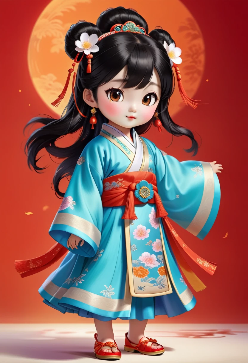 A super cute Chinese girl wearing Tang Dynasty costume, Wearing shoes,black hair,Bright Eyes。solid color background。