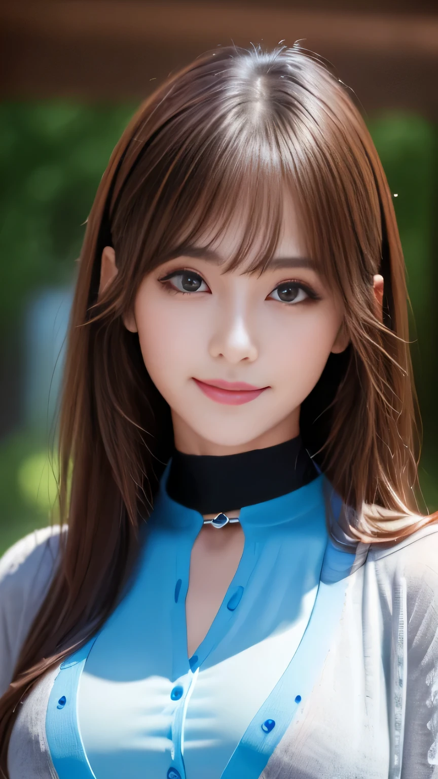 ((highest quality, 8k, Representative works in detail, Ultra-high resolution)), (Looking at the audience), (Cowboy Shot), Attractive woman, ((Big Breasts)), smile, ((black choker)), Slim figure, (Blue contacts), Long eyelashes, bangs, Beautiful shiny brown hair, Nogizaka Idol, Slim face、((shirt、Best))