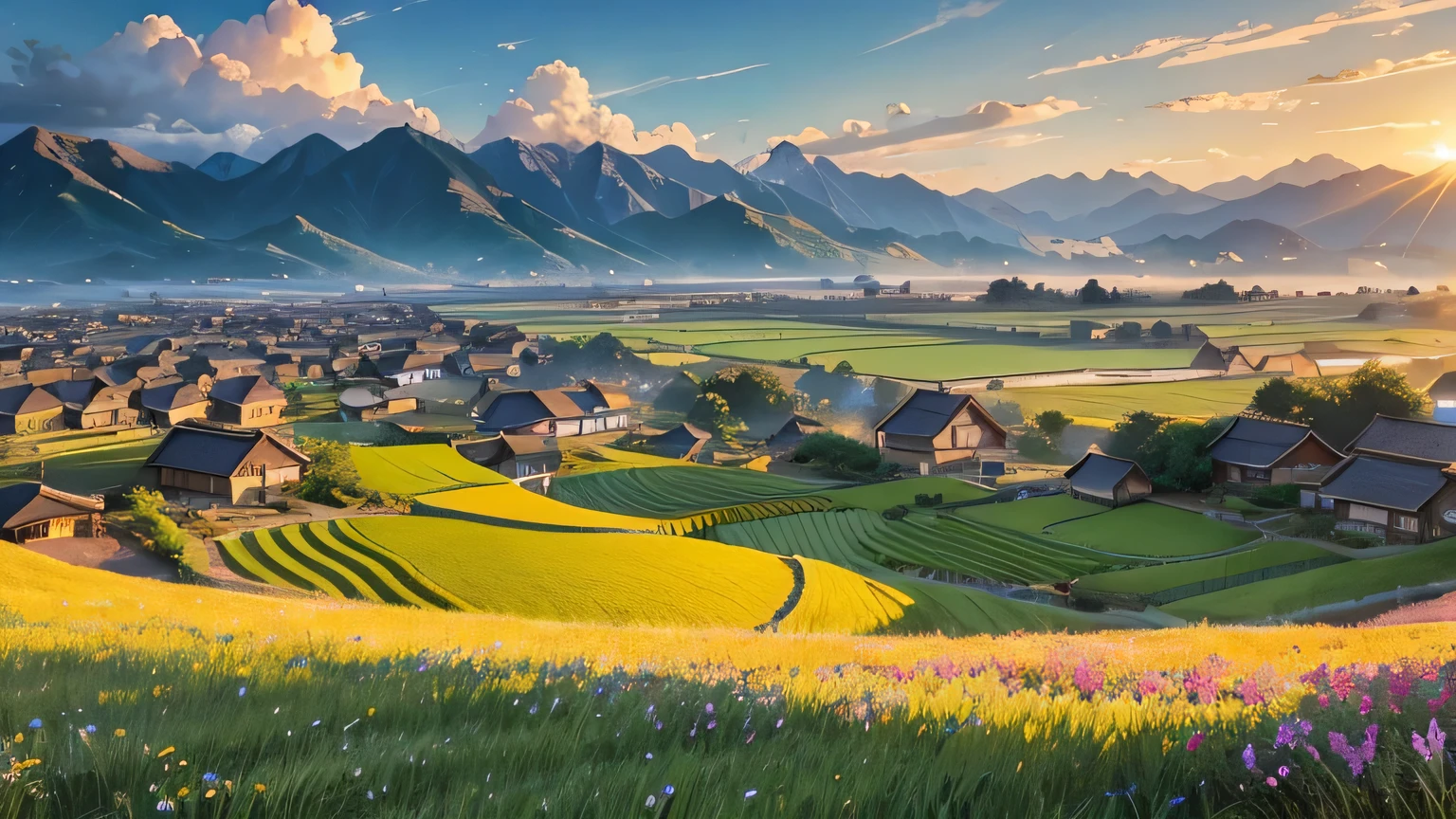 Village in the fields,mountains in the distance,Vivid and serene images,Paint the rice fields golden, Let the flowers bloom, Like a bird flying among the clouds, Let the Sun Shine, Cool wind, ,Background is sunshine, Beautiful Chinese countryside, sunny landscape, Filter Night Light, light of the sun, ,Dramatic warm morning light, Beautiful scenery,Summer morning light, Beautiful view, Field with clouds in the background, shining golden hour, village houses,A flock of birds flying among the clouds