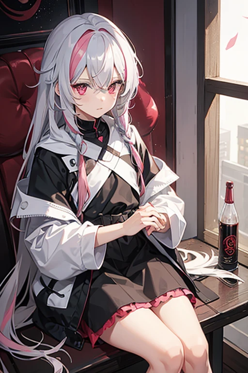 1boy, silver hair with pink streaks, red eyes, black clothing