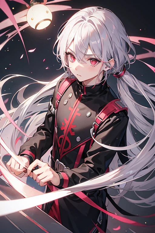 1boy, silver hair with pink streaks, red eyes, black clothing