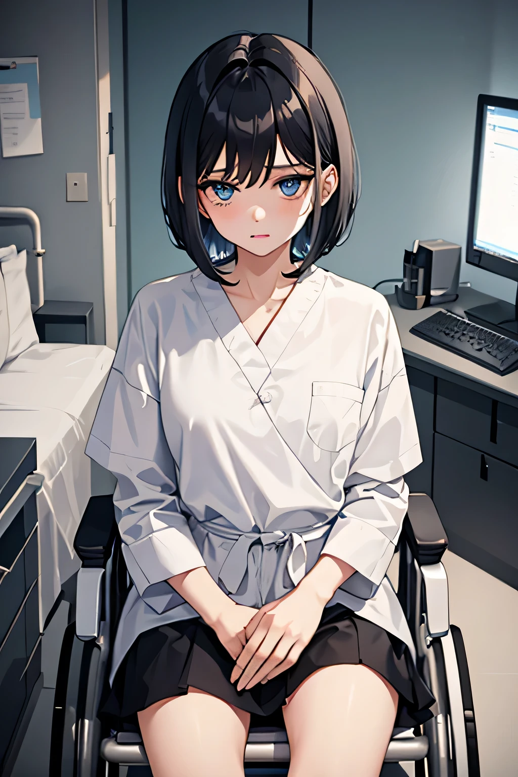 1girl,blue eyes,black hair,mullet haircut,short hair,hospital patient clothing,sitting in a wheelchair,hospital background