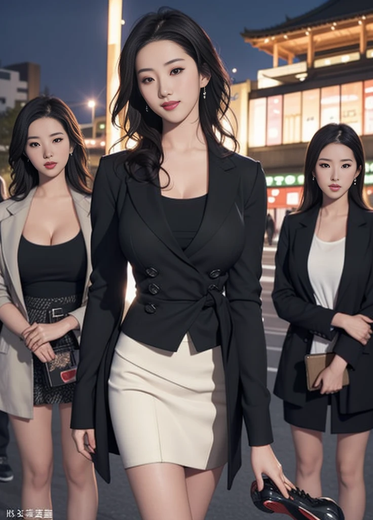 3 Japanese women stand on the same level, in the city, 3 girls, multiple girls, group picture,  building, night, plant,Smile, mixed korean, background blur, focus, Professional photography, dynamic angle shooting, film grain, Bokeh, Ray tracing, dynamic lighting, tilt camera, Shot from below,
(((masterpiece))), ((best quality)), ((intricate details)), ((actual)), view,milf, mature woman, Very detailed, illustration, 1 girl, (huge breasts),cleavage， Beautiful and delicate eyes, curls, boom, black hair, brown eyes, (casual wear:1.2), t-shirt, long coat, skirt, black collar, earrings, sports shoes, Detailed background, perfect eyes, Seductive eyes, looking at the audience, Cowboy shooting ,