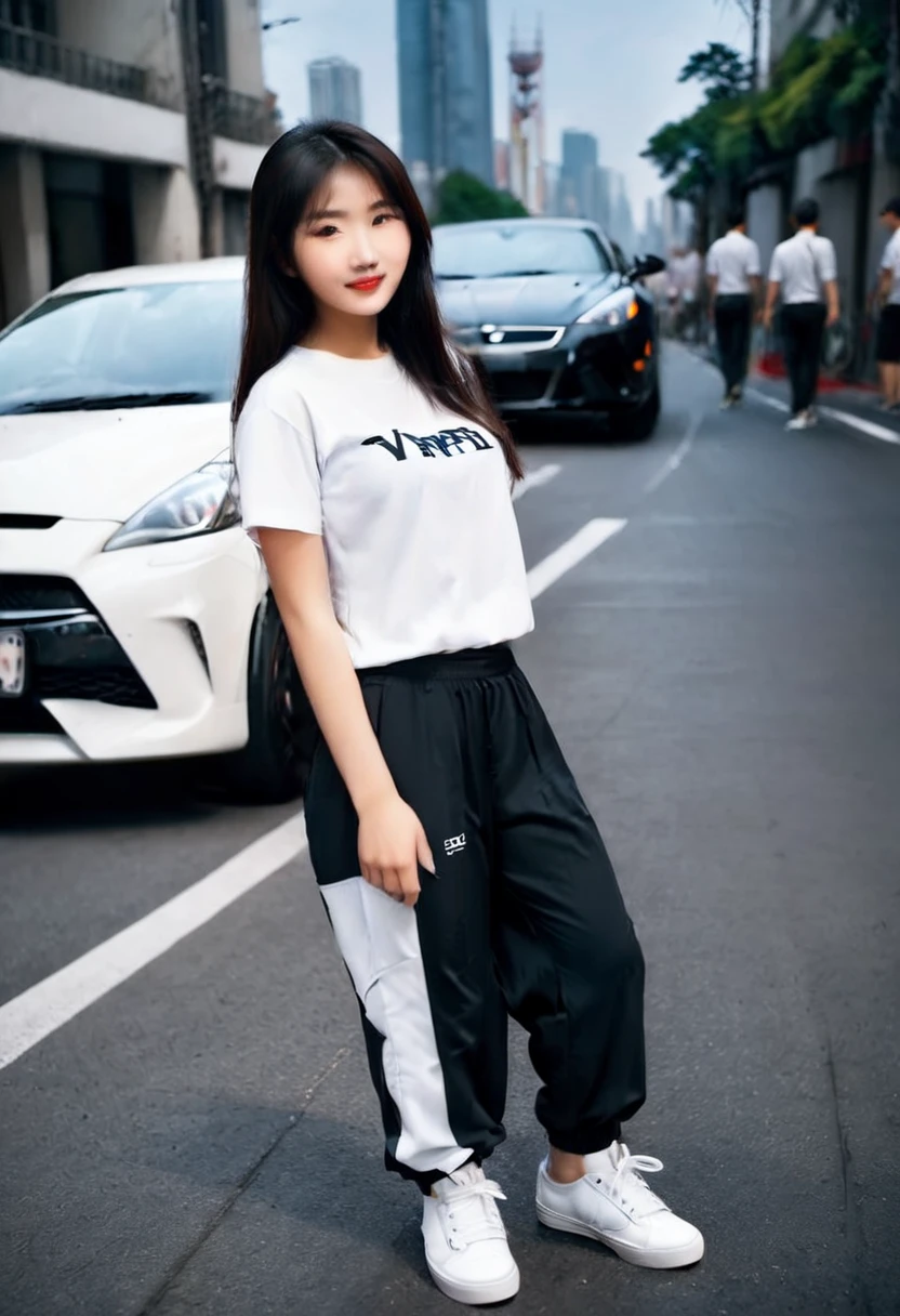 Make a realistic photo full HD 8K high resolution, detailed, full body photo, Beautiful girl in detail, soft smile, 20 year old Indonesian with long straight black brown hair, wearing a white raglan t-shirt that says "VANZ" and oversized jogger pants, Vans shoes, standing in next to the Devel Sixteen sports car with a backdrop of Tokyo City, nighttime atmosphere.