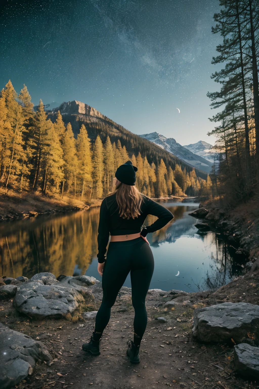1 woman((full body shot, happy)), masterpiece, best quality, ultra-detailed,  solo, outdoors, (night), mountains, nature, (stars, moon)   cheerful, happy, backpack, sleeping bag, camping stove, water bottle, large ass, wide hips, tight black yoga pants, mountain boots, gloves, large breasts, huge tits visible through sweater, hat, flashlight, forest, rocks, river, wood, smoke, shadows, contrast, clear sky,
analog style (look at viewer:1.2)  (skin texture)
(film grain:1.3), (warm hue, warm tone)