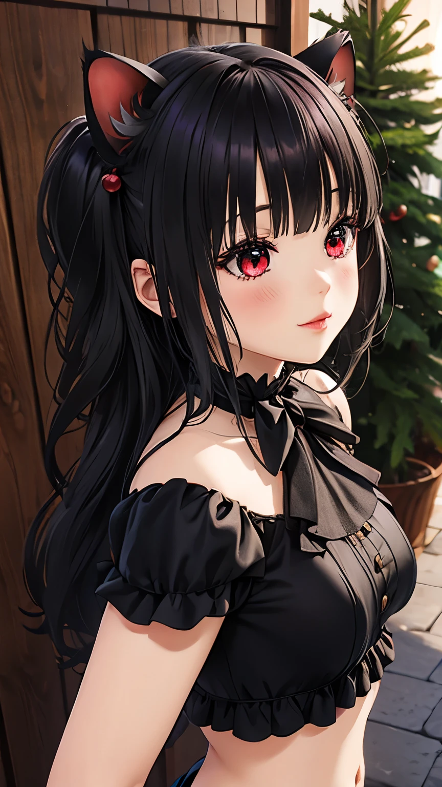 1 chica, long hair slightly wavy slightly past the shoulders, black bangs, small black pigtails on the sides, cute cat ears, beautiful thin red eyes,, ,sexy ,armadura blanca ,snowy christmas pine forest