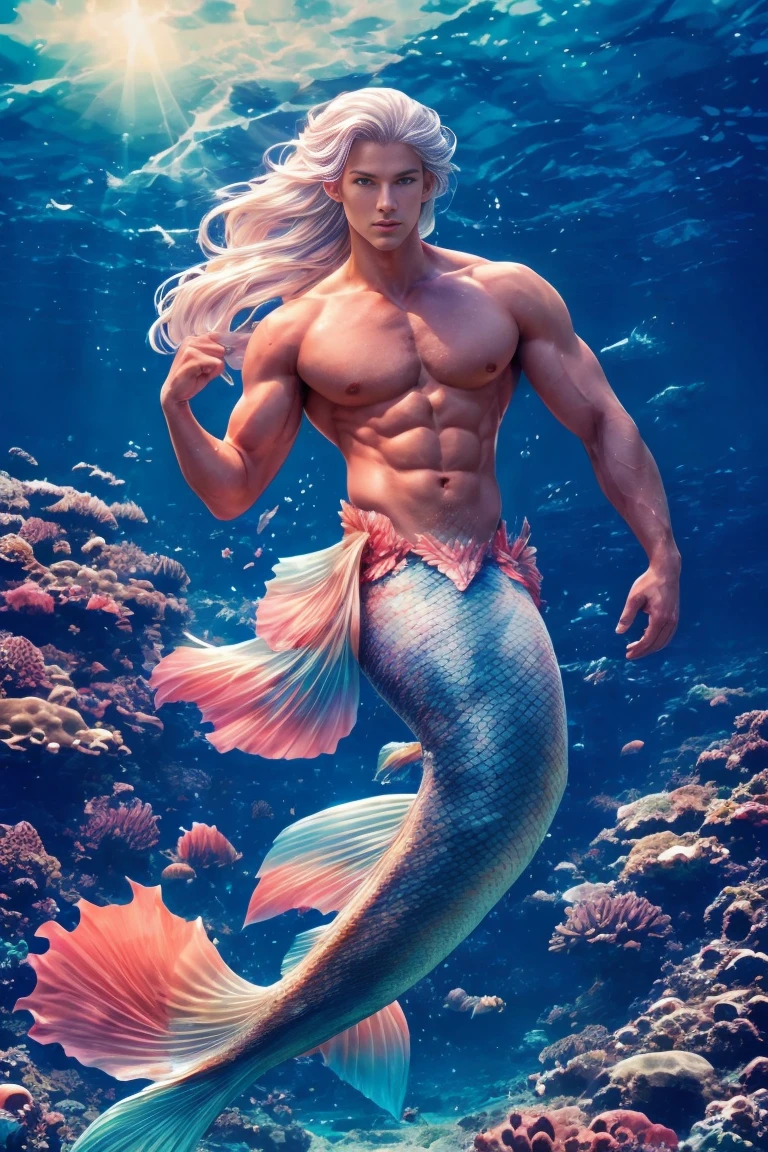 1 Male Mermaid, (Male Mermaid Model) Hot skin, masterpiece, top quality, The most handsome mermaid in the world, Tan Quan, Perfect body, chest muscles，abdominal muscles，Beautiful male model, blue eyes，Attractive male lead 20-25 perfect age, white hair, Long hair summer, seawater, blue sky, Baiyun, Underwater fantasy world，Colorful coral reefs，Solid handsome young mermaid, ultra high definition, 8K, male only .8K Ultra HD, DSLR camera, low light, high quality, film grain, Fuji XT3, Men&#39;s Breaststroke