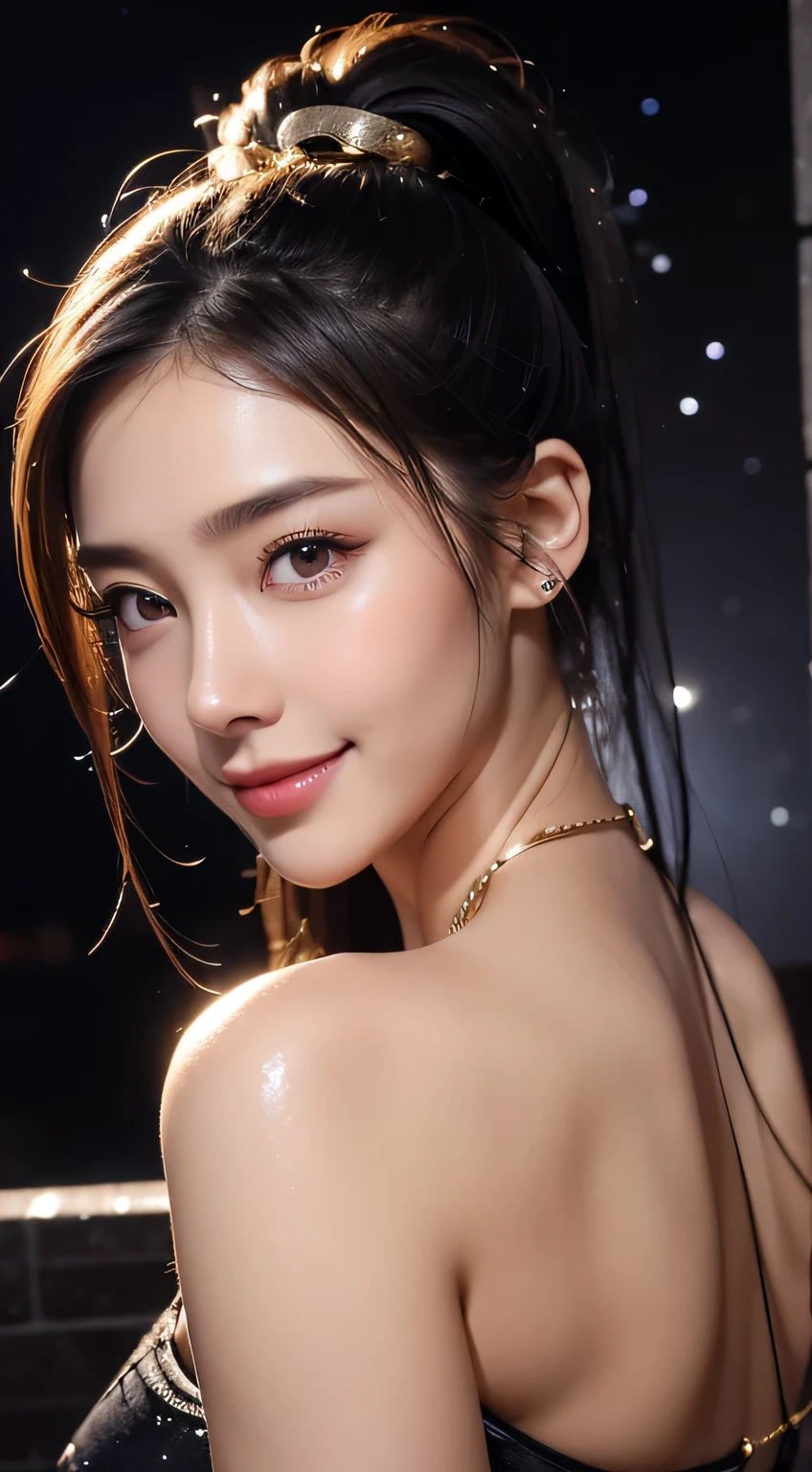 Beautiful woman,body portrait、8k,fine and beautiful eyes,Dindal effect、masterpiece, 最high quality, high quality, High resolution、very detailed photos、(natural skin texture、fine skin、hyper realism、Super sharpness)、high detail skin、(very detailed、fine skin texture、intricate details、beautiful face、(lifelike face)、realistic eyes、beautiful and detailed eyes、ponytail、real looking skin、beautiful skin、big breasts、G cup、glamorous、shiny skin、Oily muscle、take a shower in the bathroom、surreal、very detailed、golden ratio、with smiling eyes、((night moonlight background))、body portrait