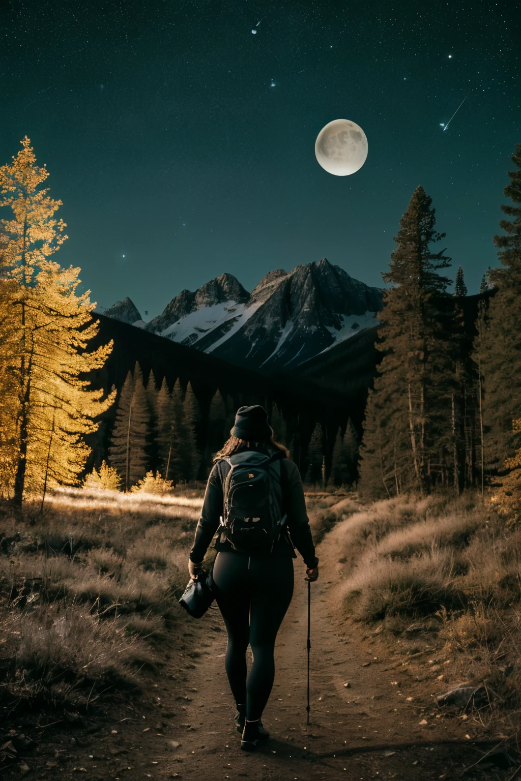 1 woman((full body shot, happy)), masterpiece, best quality, ultra-detailed,  solo, outdoors, (night), mountains, nature, (stars, moon)   cheerful, happy, backpack, sleeping bag, camping stove, water bottle, large , wide , tight black yoga pants, mountain boots, gloves, , huge  visible through sweater, hat, flashlight, forest, rocks, river, wood, smoke, shadows, contrast, clear sky,
analog style (look at viewer:1.2)  (skin texture)
(film grain:1.3), (warm hue, warm tone)