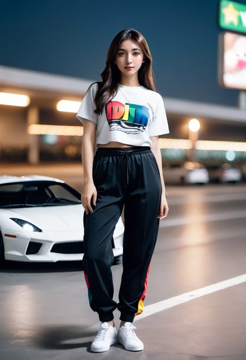 Create a realistic full HD 8K high resolution photo, detailed, full body photo, beautiful detailed girl, soft smile, 20 year old Indonesian with long straight black brown hair, wearing a colorful raglan t-shirt that says "Distro" and oversized jogger pants, Vans shoes, standing next to a Devel Sixteen sports car - United Arab Emirates
 Full vinyl car modification in drift style with a background in the Seven Eleven parking lot at night.