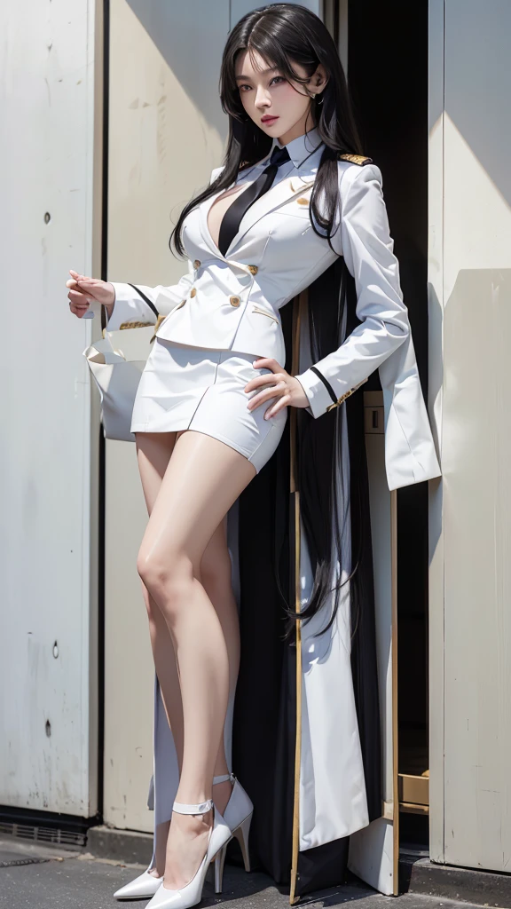 Beautiful girl with two meter long hair, long black hair, ชุดสูทผู้หญิงwhite, (wearing a women's suit, Business woman's suit, white), (ชุดสูทผู้หญิงwhite), (เสื้อเชิ้ตwhite), (Thai women's short black necktie), (Military rank insignia), (short pencil skirtwhite), tight, (dynamic post), full body, (????????????, thin body, small waist, ???? raised, small thighs, Long legs), A gigantic rift, black high heels, (short pencil skirt, white), (Wearing a white business suit, สูทนักธุรกิจหญิงwhite), tight, military regalia, เสื้อwhite, กระโปรงwhite