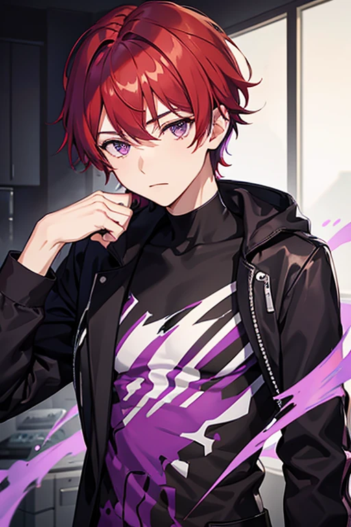 1 boy, short red hair with purple streaks, purple eyes, black clothes.