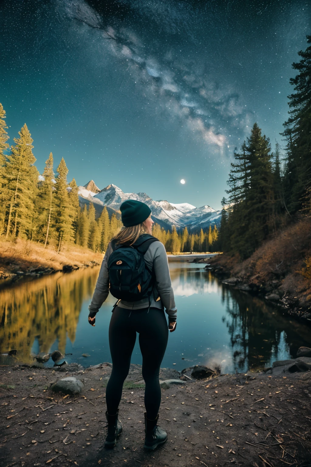 1 woman((full body shot, happy)), masterpiece, best quality, ultra-detailed, solo, outdoors, (night), mountains, nature, (stars, moon) cheerful, happy, backpack, sleeping bag, camping stove, water bottle, large ass, wide hips, tight black yoga pants, mountain boots, gloves, large breasts, huge tits visible through sweater, hat, flashlight, forest, rocks, river, wood, smoke, shadows, contrast, clear sky,
analog style (look at viewer:1.2) (skin texture)
(film grain:1.3), (warm hue, warm tone)