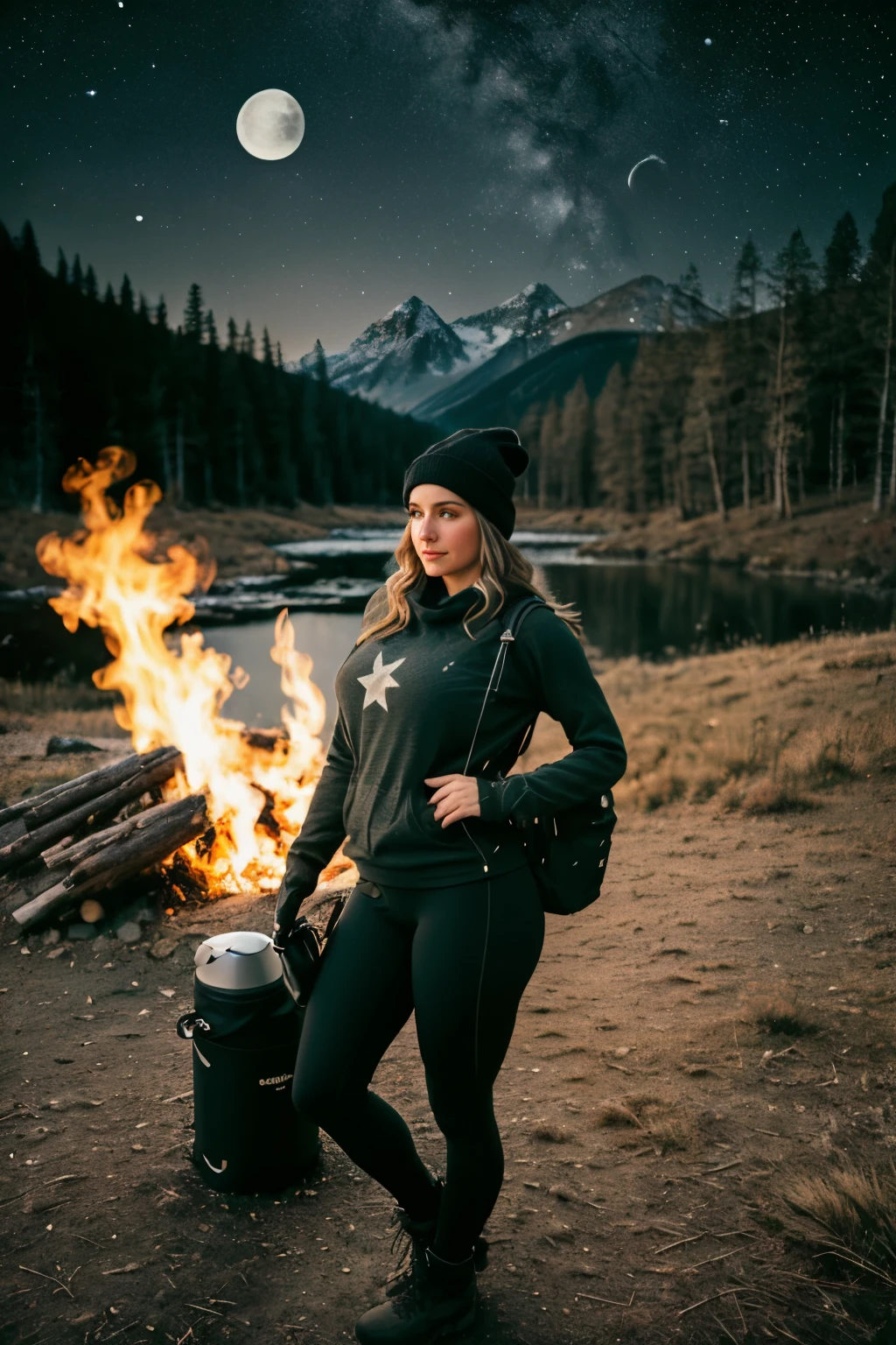 1 woman((full body shot, happy)), masterpiece, best quality, ultra-detailed, solo, outdoors, (night), mountains, nature, (stars, moon) cheerful, happy, backpack, sleeping bag, camping stove, water bottle, large ass, wide hips, tight black yoga pants, mountain boots, gloves, large breasts, huge tits visible through sweater, hat, flashlight, forest, rocks, river, wood, smoke, shadows, contrast, clear sky,
analog style (look at viewer:1.2) (skin texture)
(film grain:1.3), (warm hue, warm tone)