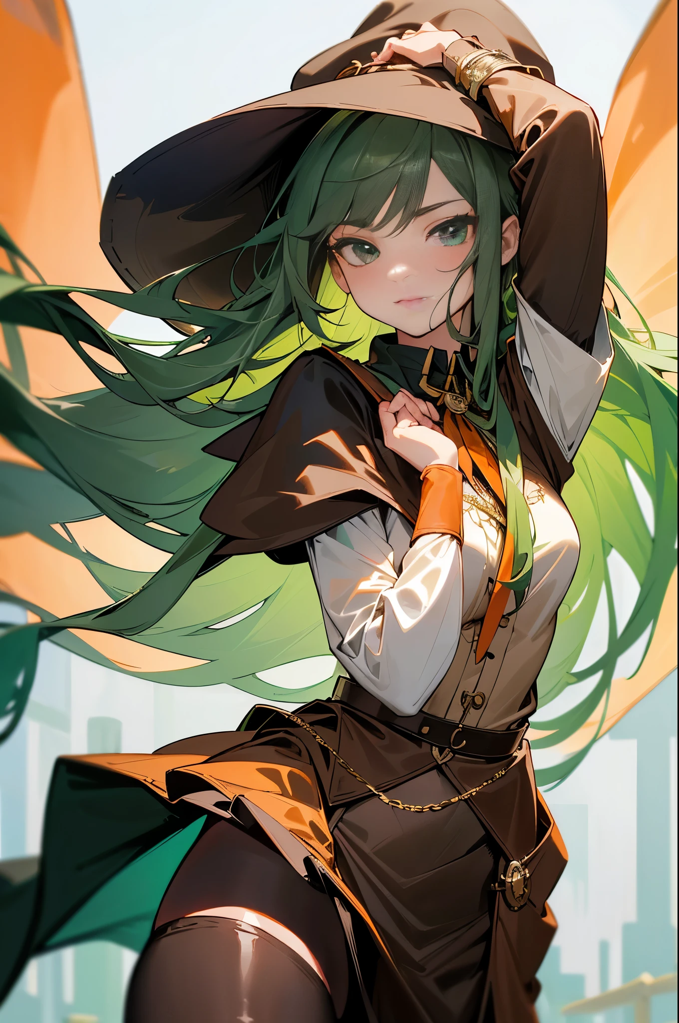 masterpiece, Super detailed, 8K portrait, RAW photo, portrait photography, highly detailed face, beautiful and detailed eyes, ((fantasy)), young and beautiful, 22 years ago, dynamic pose, (((long straight deep green hair))), ((One side is woven with orange ribbon)), dull bangs, beret, white skin color, luxury, hooded (((Dark brown))) (((Silk Long Cloak))) fluttering in the wind, (((dress shirt))), (((silk maxi skirt))), leather corset, (((dark thigh high tights))), High Cut Leather Boots, (((Lift a long magic wand))), ((wear a pocket watch)), midday sun, surreal, body model, small breasts, beautiful breasts, long legs, city, environmental lighting, shadow details , focus the camera on the face, strong wind, light fog