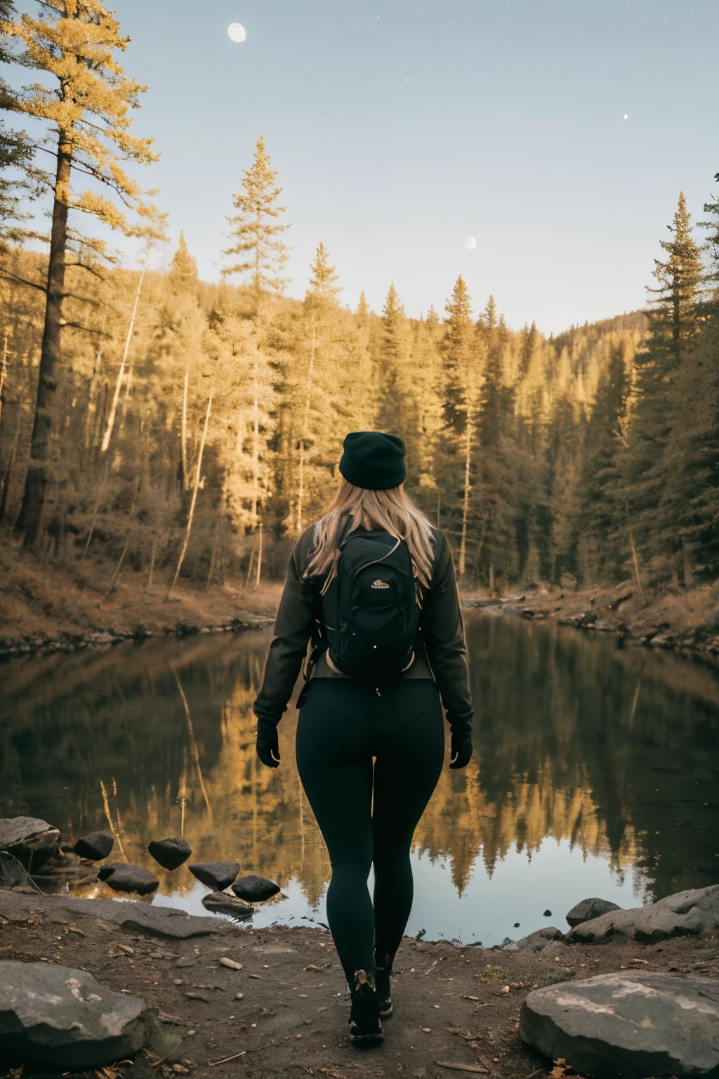 1 woman((full body shot, happy)), masterpiece, best quality, ultra-detailed, solo, outdoors, (night), mountains, nature, (stars, moon) cheerful, happy, backpack, sleeping bag, camping stove, water bottle, large ass, wide hips, tight black yoga pants, mountain boots, gloves, large breasts, huge tits visible through sweater, hat, flashlight, forest, rocks, river, wood, smoke, shadows, contrast, clear sky,
analog style (look at viewer:1.2) (skin texture)
(film grain:1.3), (warm hue, warm tone)