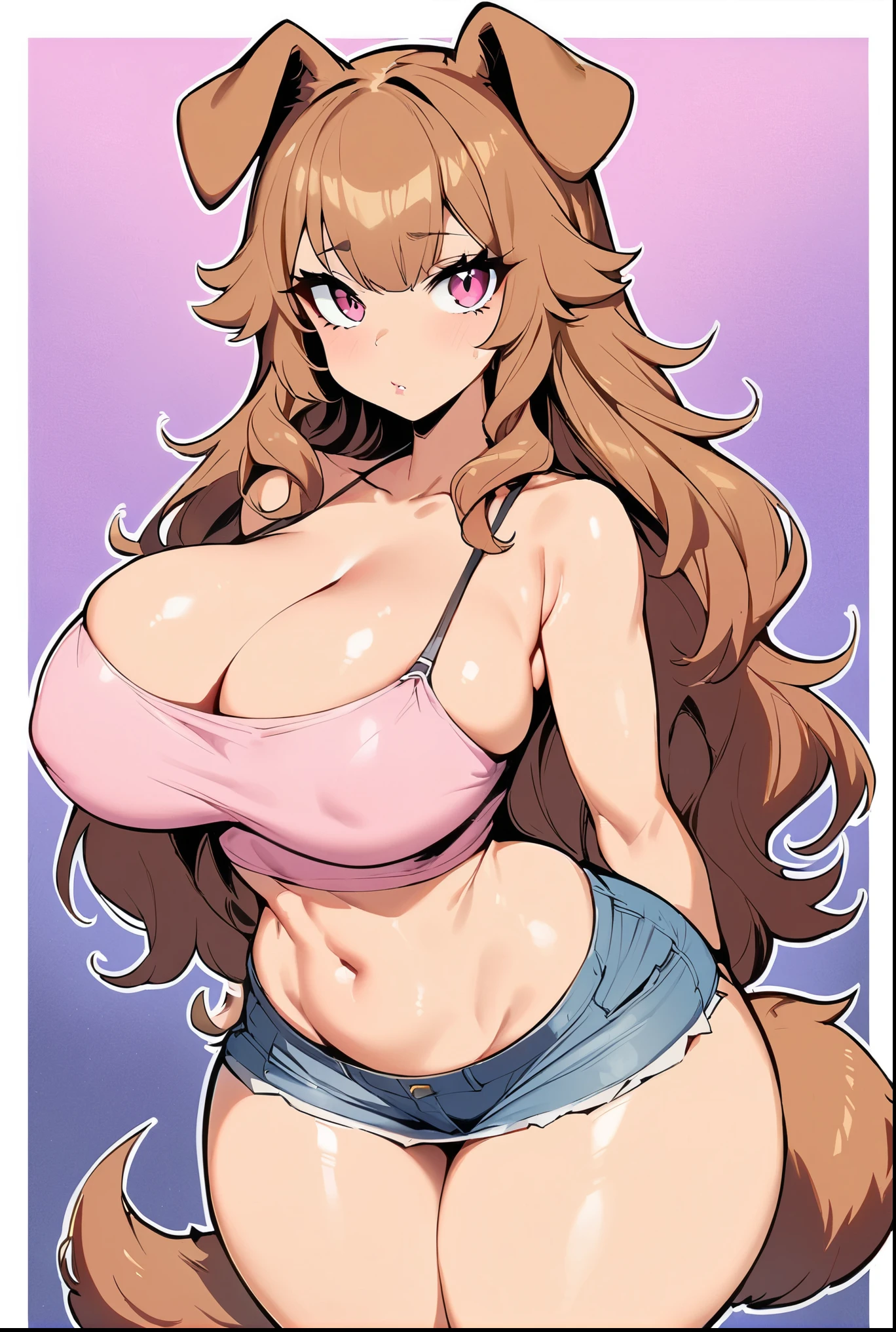 (masterpiece, best quality:1.2), 1girl, solo,standing,
by by buta99, by chelodoy, by spikedmauler, by cervina7, solo, female, standing, brown dog ears, looking at viewer, ((hair, snout), lips, eyelashes, eyeliner, big breasts, cleavage, light brown fur, pink eyes, sexy, long brown hair, long wavy hair, skinny, canine, pink, kawaii, small waist, huge thighs, milf body , big eyes, kawaii background, pink clothes, brown hair ,kawaii, super kawaii, big hips, kawaii outfit, sexy, nsfw, pink, pink theme, huge , showing, huge thighs, huge hips, shiny, border around body, skinny waist, mini skirt, shiny skin, glowy skin, huge curls, bangs, front facing viewer