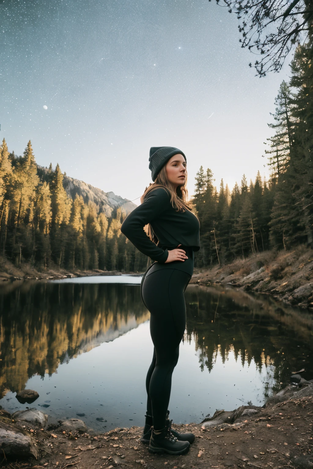 1 woman((full body shot, happy)), masterpiece, best quality, ultra-detailed, solo, outdoors, (night), mountains, nature, (stars, moon) cheerful, happy, backpack, sleeping bag, camping stove, water bottle, large ass, wide hips, tight black yoga pants, mountain boots, gloves, large breasts, huge tits visible through sweater, hat, flashlight, forest, rocks, river, wood, smoke, shadows, contrast, clear sky,
analog style (look at viewer:1.2) (skin texture)
(film grain:1.3), (warm hue, warm tone)