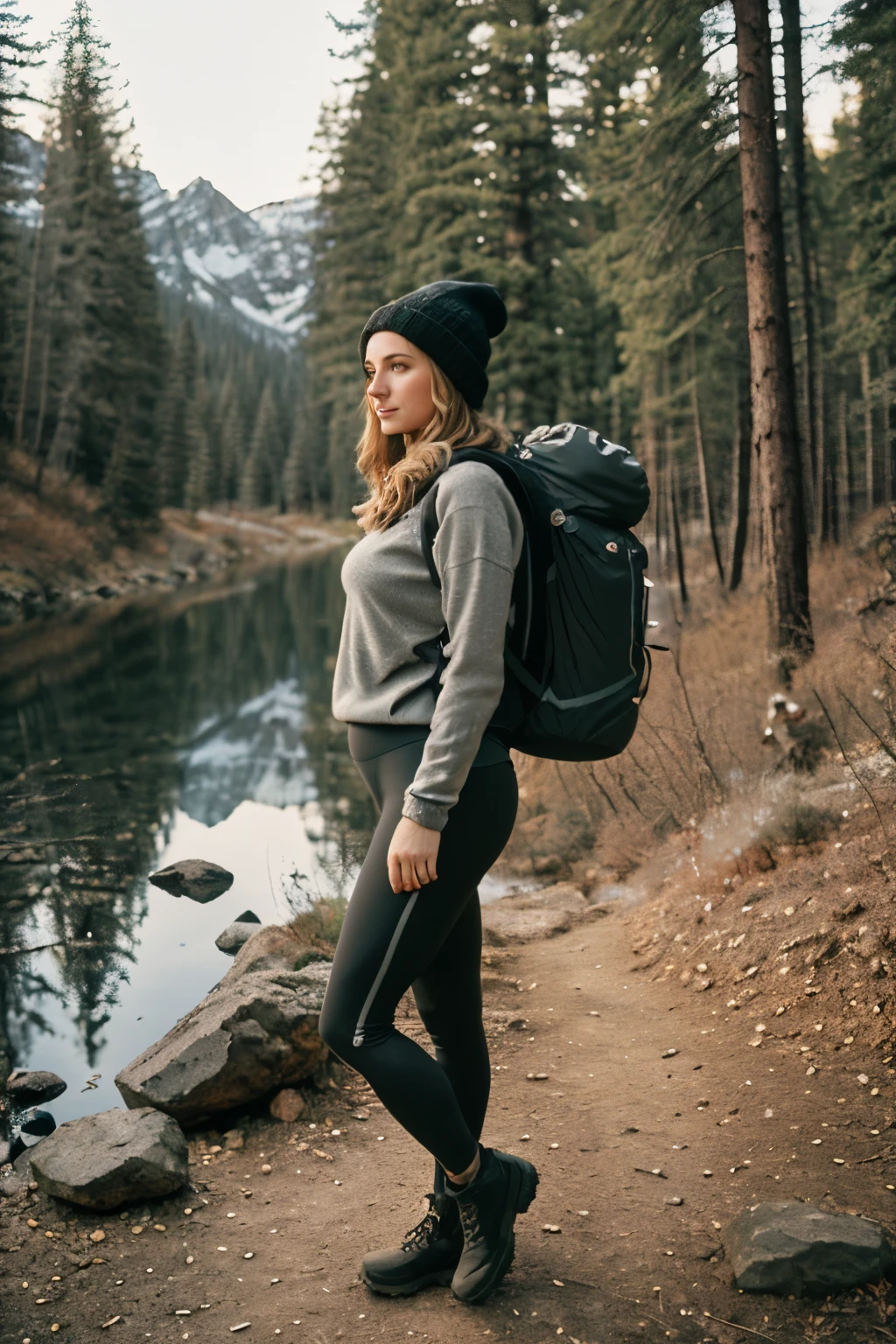 1 woman((full body shot, happy)), masterpiece, best quality, ultra-detailed, solo, outdoors, (night), mountains, nature, (stars, moon) cheerful, happy, backpack, sleeping bag, camping stove, water bottle, large ass, wide hips, tight black yoga pants, mountain boots, gloves, large breasts, huge tits visible through sweater, hat, flashlight, forest, rocks, river, wood, smoke, shadows, contrast, clear sky,
analog style (look at viewer:1.2) (skin texture)
(film grain:1.3), (warm hue, warm tone)