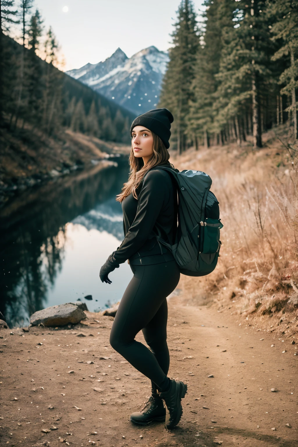 1 woman((full body shot, happy)), masterpiece, best quality, ultra-detailed, solo, outdoors, (night), mountains, nature, (stars, moon) cheerful, happy, backpack, sleeping bag, camping stove, water bottle, large ass, wide hips, tight black yoga pants, mountain boots, gloves, large breasts, huge tits visible through sweater, hat, flashlight, forest, rocks, river, wood, smoke, shadows, contrast, clear sky,
analog style (look at viewer:1.2) (skin texture)
(film grain:1.3), (warm hue, warm tone)