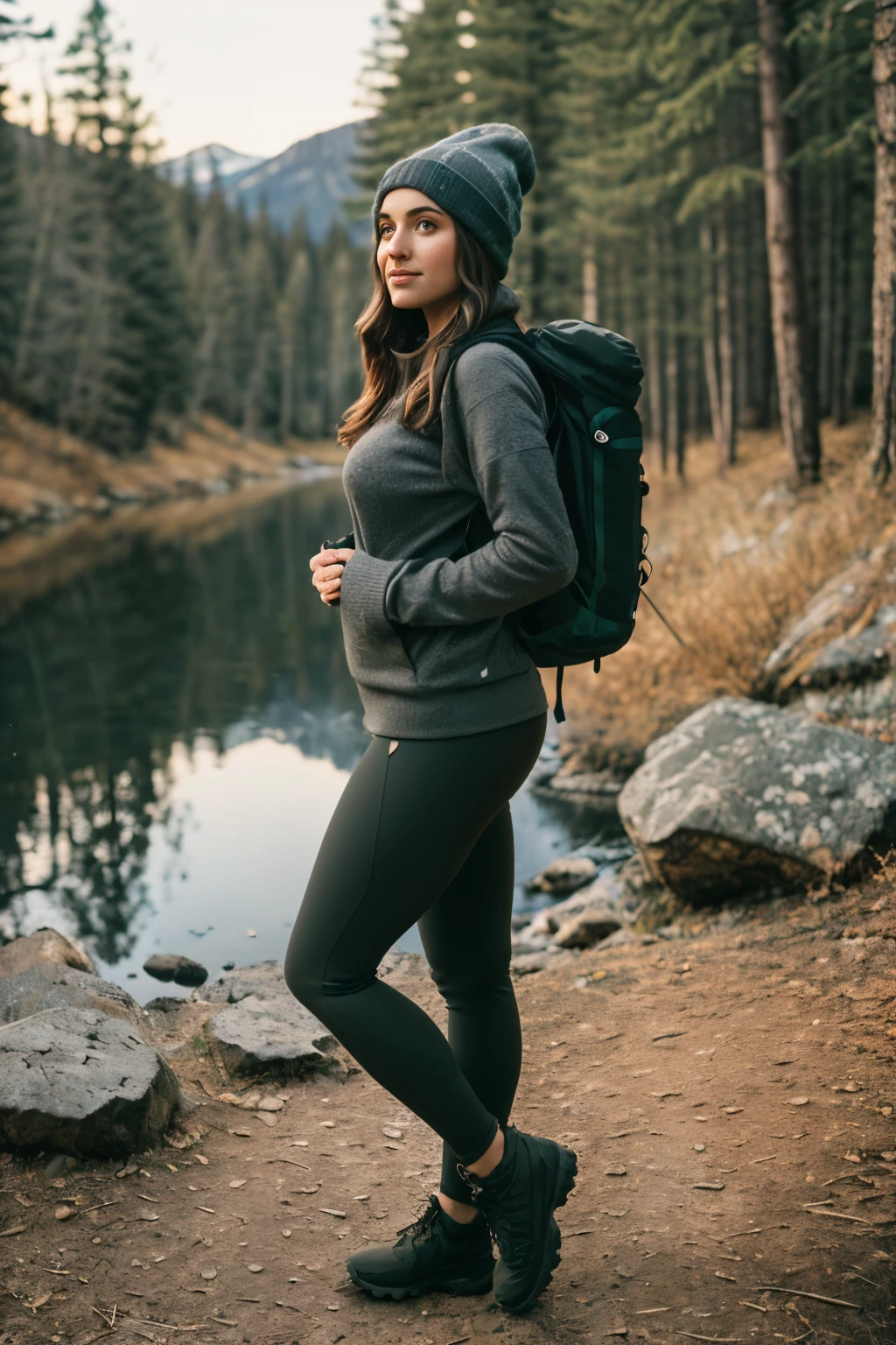 1 woman((full body shot, happy)), masterpiece, best quality, ultra-detailed,  solo, outdoors, (night), mountains, nature, (stars, moon)   cheerful, happy, backpack, sleeping bag, camping stove, water bottle, large ass, wide hips, tight black yoga pants, mountain boots, gloves, large breasts, huge tits visible through sweater, hat, flashlight, forest, rocks, river, wood, smoke, shadows, contrast, clear sky,
analog style (look at viewer:1.2)  (skin texture)
(film grain:1.3), (warm hue, warm tone)