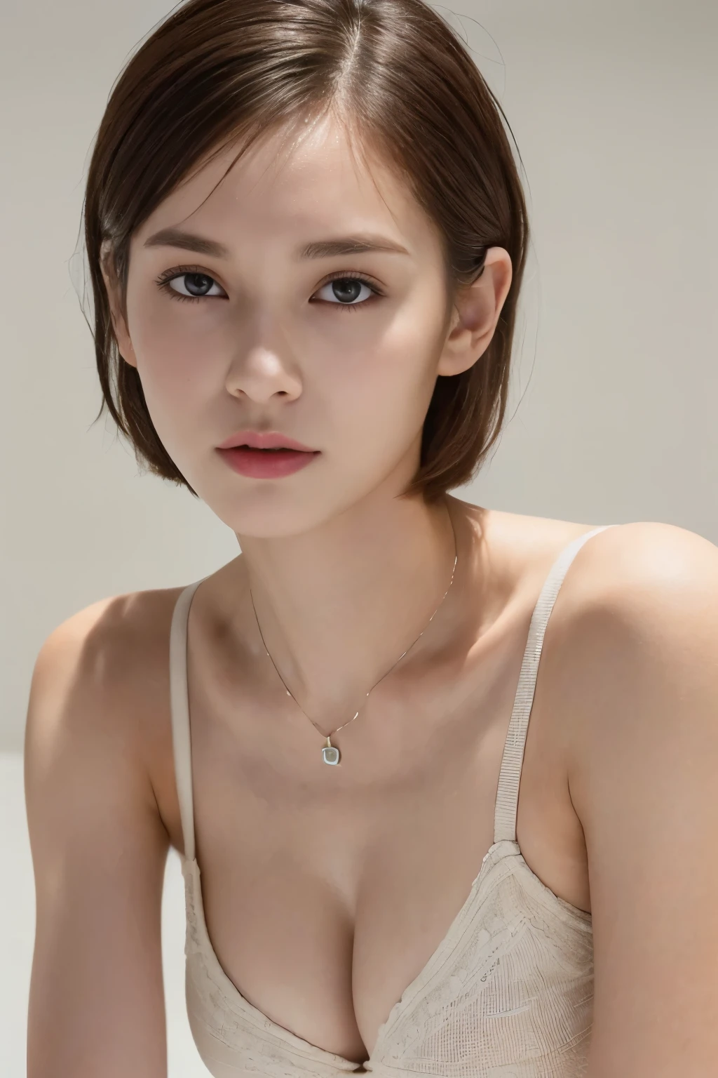 ((top-quality、8K、masterpiece: 1.erfect Body Beauty: 1.4、Slender Abs: 1.2、Beautiful woman with slender abs:1.3、(Highlight Haircutreast B Cup:1.2), medium breast, round shape breast, perfect shape breast, ( portrait photography, studio light, ), necklace, headphone, hyperdetailed face、18year old、 Pretty women、(Dark brown short-cut hair), Slim Face、Highly detailed facial and skin texture、very detailed lips、opens legs、top-quality、masterpiece、超A high resolution、(Photorealsitic:1.4), walked forward confidently, long shot , solid color background