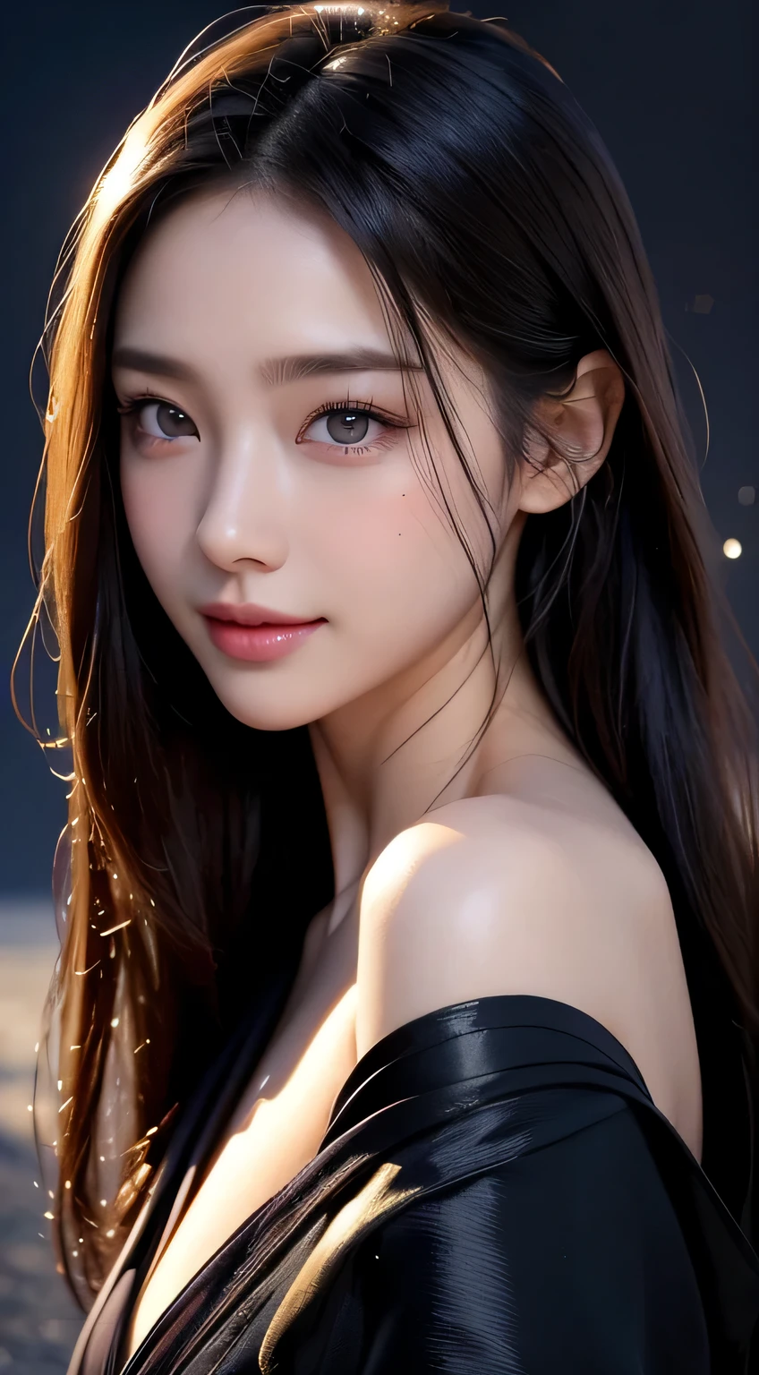 Beautiful woman in kimono,body portrait、8k,fine and beautiful eyes,Dindal effect、masterpiece, 最high quality, high quality, High resolution、very detailed photos、(natural skin texture、fine skin、hyper realism、Super sharpness)、high detail skin、(very detailed、fine skin texture、intricate details、beautiful face、(lifelike face)、realistic eyes、beautiful and detailed eyes、real looking skin、beautiful skin、surreal、very detailed、golden ratio、with smiling eyes、((night moonlight background))、body portrait、shiny bodysuit、Take a picture of the whole body