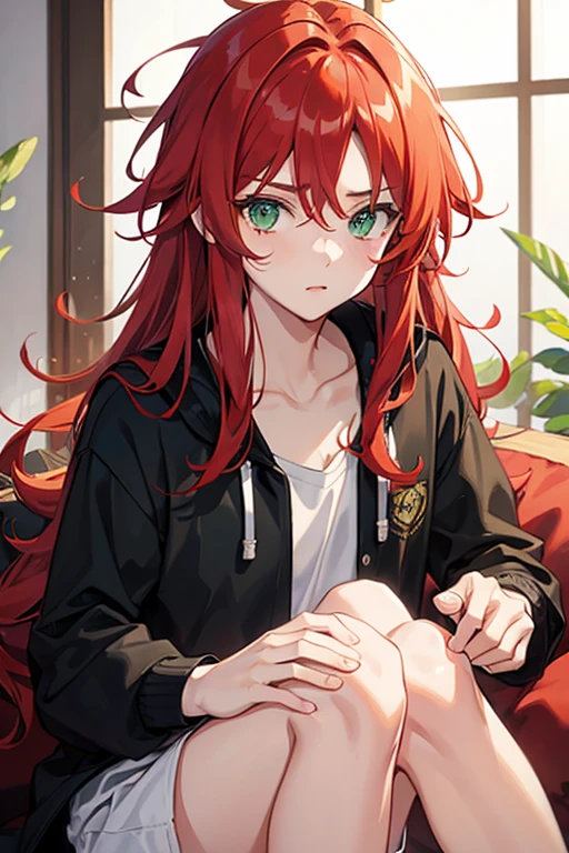 1young boy, red hair, long, messy hair, green eyes