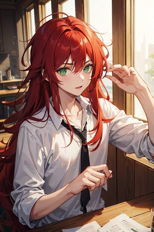 1ung boy, red hair, long, messy hair, green eyes