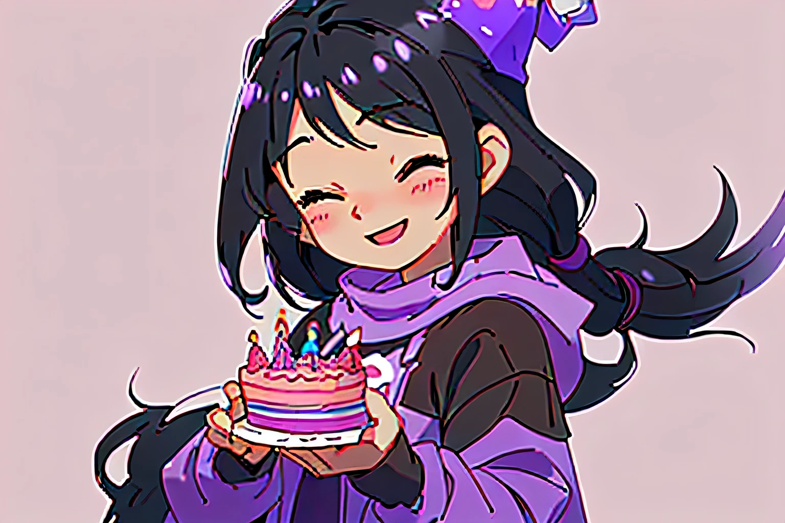 1girl, holding a birthday cake, black hair, smiling, blushing, happy, cute purple winter outfit, brown eyes, black hair, eyes closed