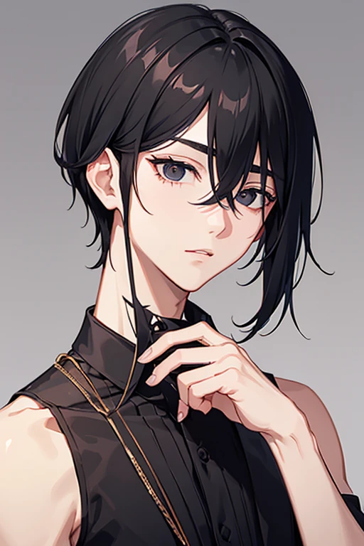 1 boy, short black hair (with two longer strands on both sides of the face), black eyes, black clothes
