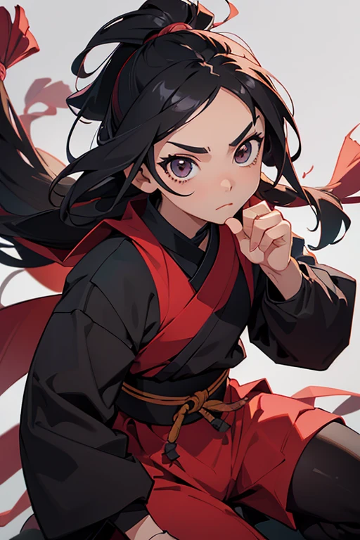Crea un personaje hombre, masculino, , androgino, cabello negro, atado en una cola de caballo, ojos negros, japanese onni style clothes, ropas estilo ninja, mascara de fauces de onni, kusarigama como arma, calidad full hd, en un estilo anime " in the heart of the kunoichi tsubaki",