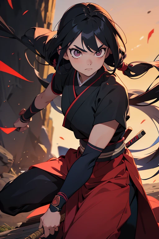 Crea un personaje hombre, masculino, 13 years old, androgino, cabello negro, atado en una cola de caballo, ojos negros, japanese onni style clothes, ropas estilo ninja, mascara de fauces de onni, kusarigama como arma, calidad full hd, en un estilo anime " in the heart of the kunoichi tsubaki",