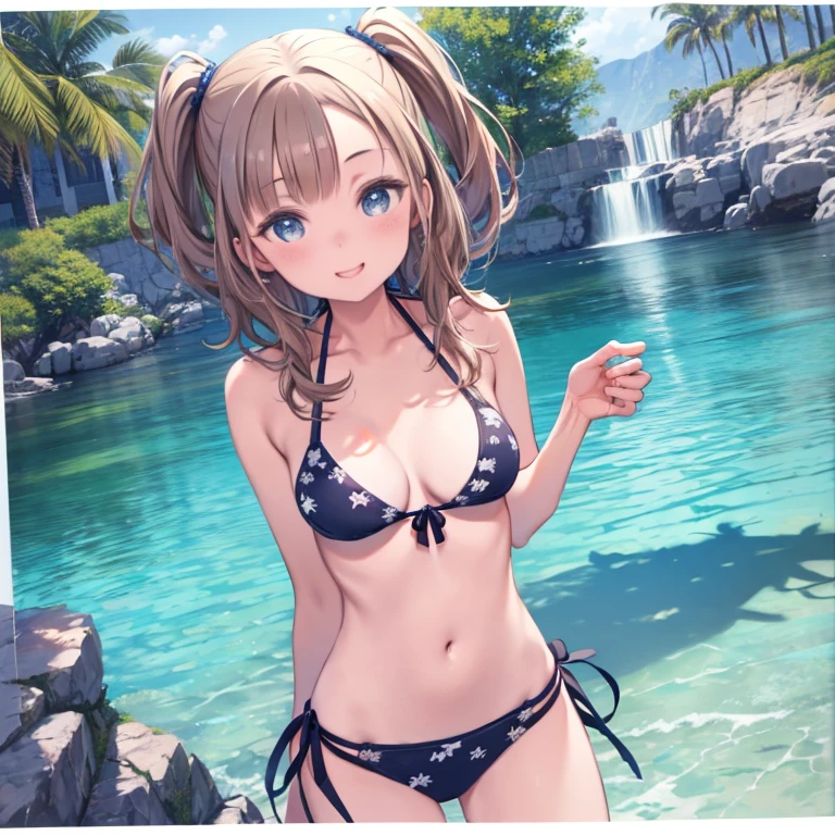 masterpiece, highest quality、Medium wide shot、1. A woman with beautiful eyes、laughing、bikini、bikini、