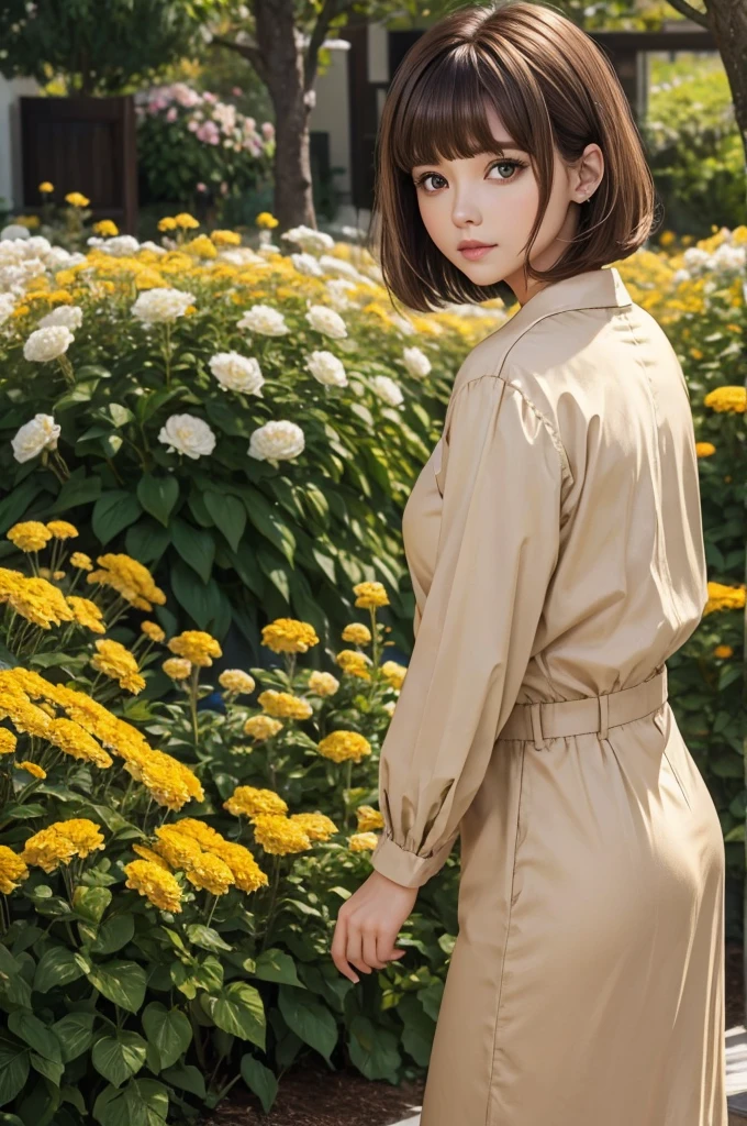 light brown hair Short bob with bangs corolla flower garden golden eyes woman 20age live-action